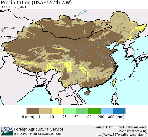 China, Mongolia and Taiwan Precipitation (USAF 557th WW) Thematic Map For 2/15/2021 - 2/21/2021