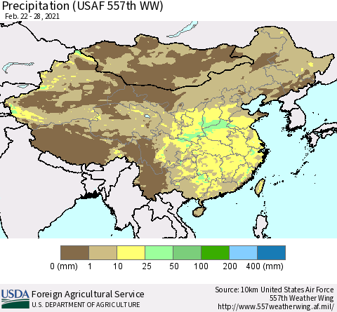 China, Mongolia and Taiwan Precipitation (USAF 557th WW) Thematic Map For 2/22/2021 - 2/28/2021