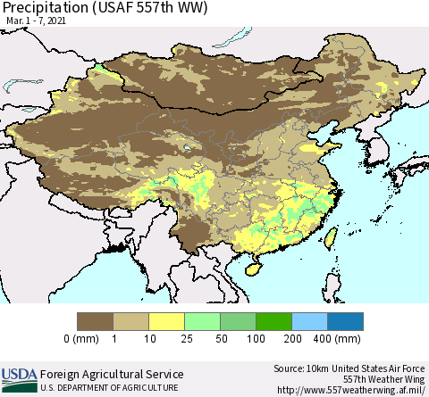 China, Mongolia and Taiwan Precipitation (USAF 557th WW) Thematic Map For 3/1/2021 - 3/7/2021