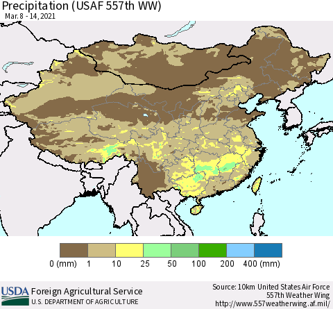 China, Mongolia and Taiwan Precipitation (USAF 557th WW) Thematic Map For 3/8/2021 - 3/14/2021