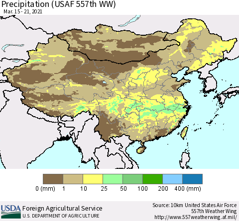 China, Mongolia and Taiwan Precipitation (USAF 557th WW) Thematic Map For 3/15/2021 - 3/21/2021