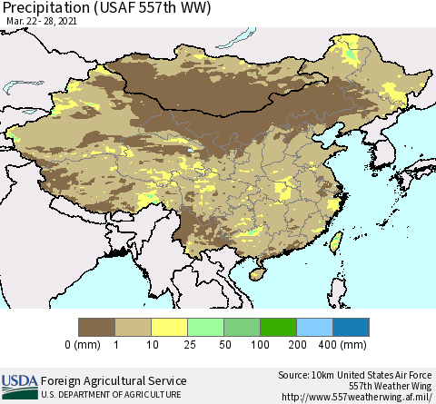 China, Mongolia and Taiwan Precipitation (USAF 557th WW) Thematic Map For 3/22/2021 - 3/28/2021