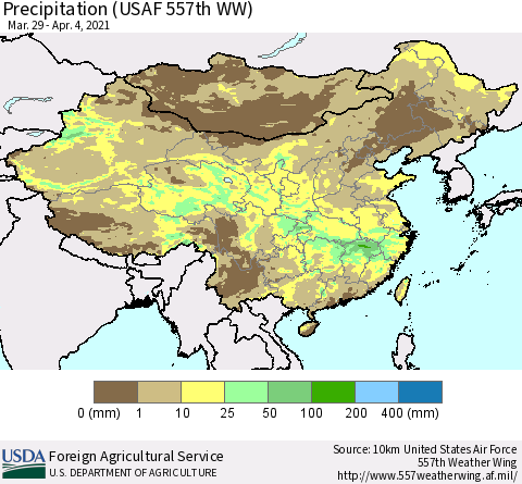 China, Mongolia and Taiwan Precipitation (USAF 557th WW) Thematic Map For 3/29/2021 - 4/4/2021