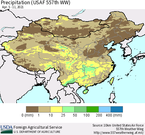 China, Mongolia and Taiwan Precipitation (USAF 557th WW) Thematic Map For 4/5/2021 - 4/11/2021