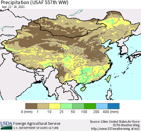 China, Mongolia and Taiwan Precipitation (USAF 557th WW) Thematic Map For 4/12/2021 - 4/18/2021