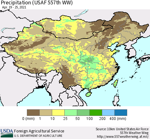 China, Mongolia and Taiwan Precipitation (USAF 557th WW) Thematic Map For 4/19/2021 - 4/25/2021