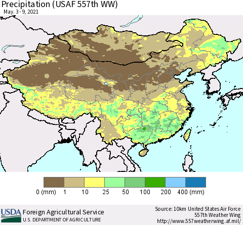 China, Mongolia and Taiwan Precipitation (USAF 557th WW) Thematic Map For 5/3/2021 - 5/9/2021