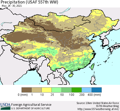 China, Mongolia and Taiwan Precipitation (USAF 557th WW) Thematic Map For 5/24/2021 - 5/30/2021