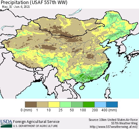 China, Mongolia and Taiwan Precipitation (USAF 557th WW) Thematic Map For 5/31/2021 - 6/6/2021