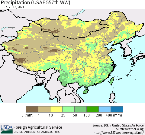 China, Mongolia and Taiwan Precipitation (USAF 557th WW) Thematic Map For 6/7/2021 - 6/13/2021