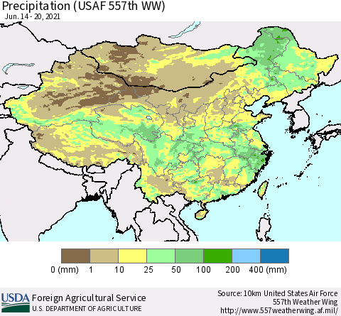 China, Mongolia and Taiwan Precipitation (USAF 557th WW) Thematic Map For 6/14/2021 - 6/20/2021