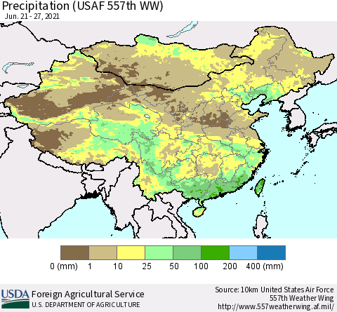 China, Mongolia and Taiwan Precipitation (USAF 557th WW) Thematic Map For 6/21/2021 - 6/27/2021