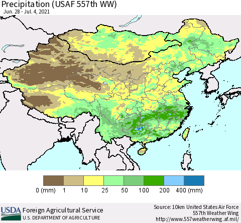 China, Mongolia and Taiwan Precipitation (USAF 557th WW) Thematic Map For 6/28/2021 - 7/4/2021