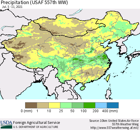 China, Mongolia and Taiwan Precipitation (USAF 557th WW) Thematic Map For 7/5/2021 - 7/11/2021