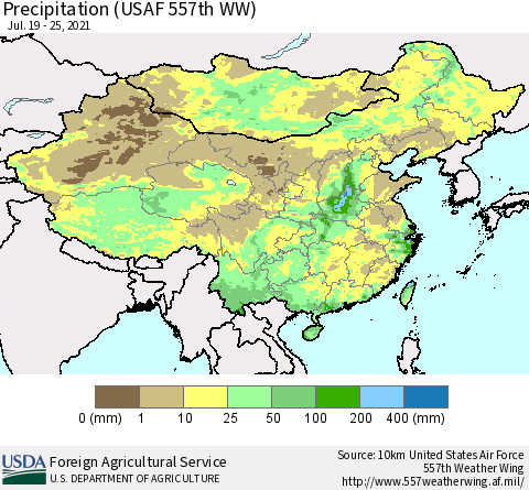 China, Mongolia and Taiwan Precipitation (USAF 557th WW) Thematic Map For 7/19/2021 - 7/25/2021