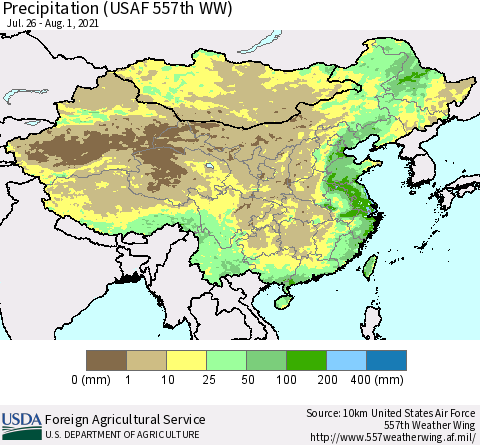China, Mongolia and Taiwan Precipitation (USAF 557th WW) Thematic Map For 7/26/2021 - 8/1/2021