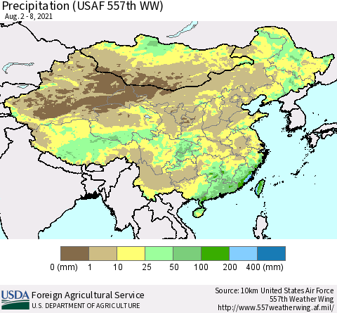 China, Mongolia and Taiwan Precipitation (USAF 557th WW) Thematic Map For 8/2/2021 - 8/8/2021