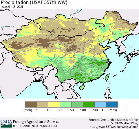 China, Mongolia and Taiwan Precipitation (USAF 557th WW) Thematic Map For 8/9/2021 - 8/15/2021