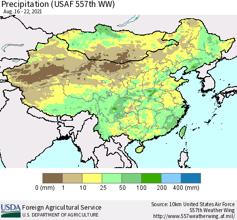 China, Mongolia and Taiwan Precipitation (USAF 557th WW) Thematic Map For 8/16/2021 - 8/22/2021