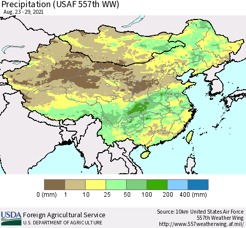 China, Mongolia and Taiwan Precipitation (USAF 557th WW) Thematic Map For 8/23/2021 - 8/29/2021