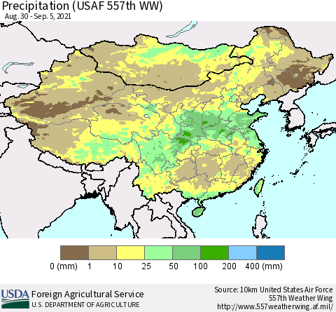 China, Mongolia and Taiwan Precipitation (USAF 557th WW) Thematic Map For 8/30/2021 - 9/5/2021