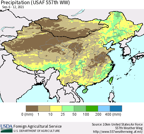 China, Mongolia and Taiwan Precipitation (USAF 557th WW) Thematic Map For 9/6/2021 - 9/12/2021