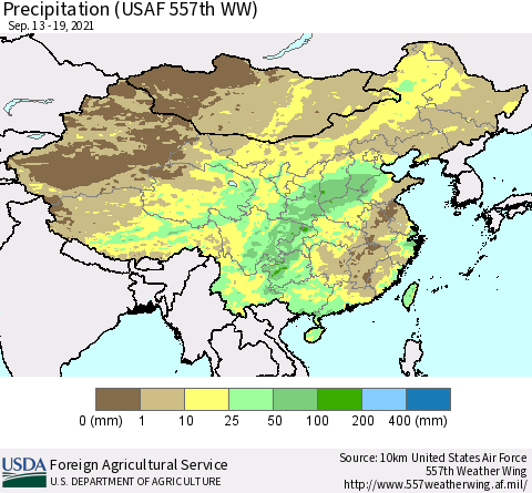 China, Mongolia and Taiwan Precipitation (USAF 557th WW) Thematic Map For 9/13/2021 - 9/19/2021