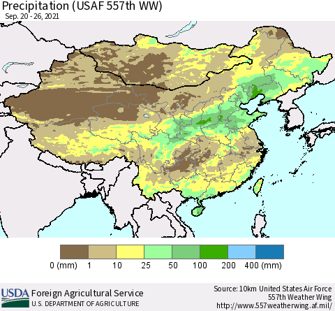 China, Mongolia and Taiwan Precipitation (USAF 557th WW) Thematic Map For 9/20/2021 - 9/26/2021