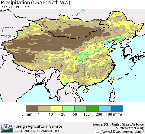 China, Mongolia and Taiwan Precipitation (USAF 557th WW) Thematic Map For 9/27/2021 - 10/3/2021