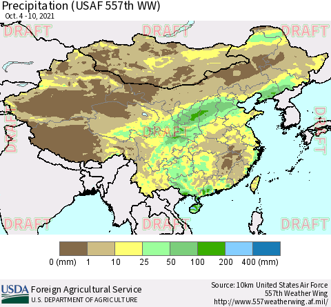 China, Mongolia and Taiwan Precipitation (USAF 557th WW) Thematic Map For 10/4/2021 - 10/10/2021