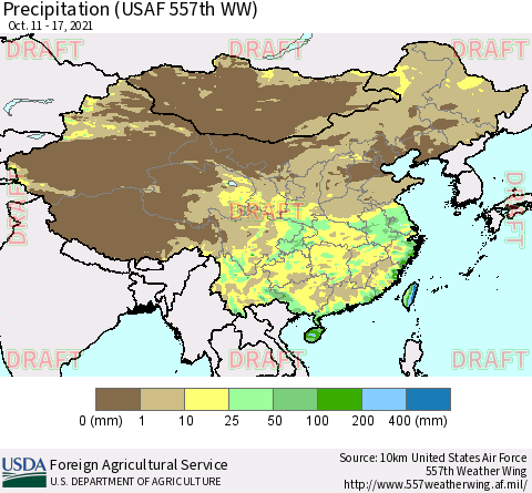 China, Mongolia and Taiwan Precipitation (USAF 557th WW) Thematic Map For 10/11/2021 - 10/17/2021