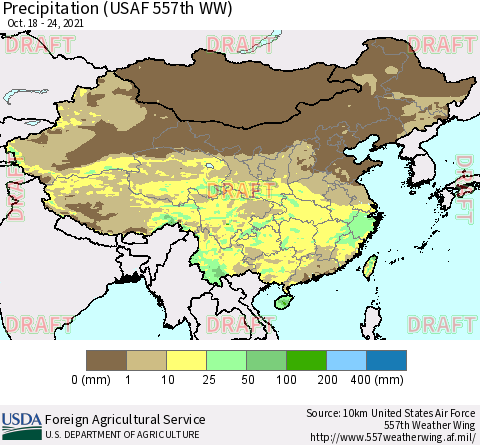 China, Mongolia and Taiwan Precipitation (USAF 557th WW) Thematic Map For 10/18/2021 - 10/24/2021