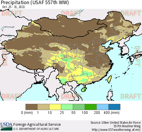 China, Mongolia and Taiwan Precipitation (USAF 557th WW) Thematic Map For 10/25/2021 - 10/31/2021