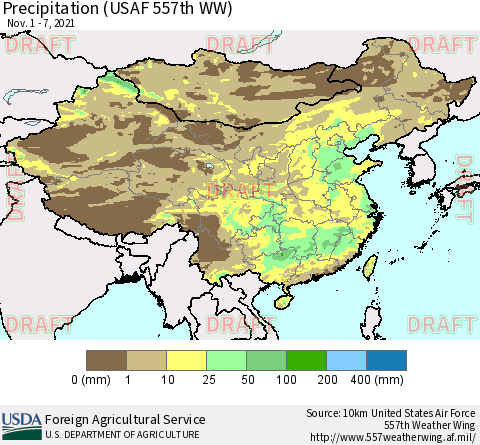 China, Mongolia and Taiwan Precipitation (USAF 557th WW) Thematic Map For 11/1/2021 - 11/7/2021