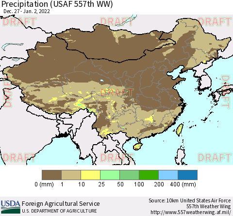 China, Mongolia and Taiwan Precipitation (USAF 557th WW) Thematic Map For 12/27/2021 - 1/2/2022