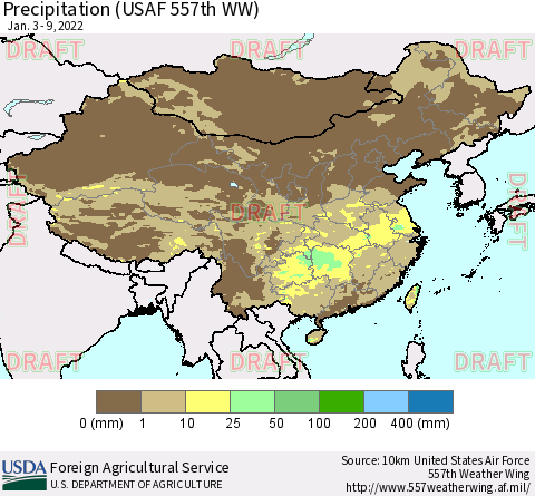 China, Mongolia and Taiwan Precipitation (USAF 557th WW) Thematic Map For 1/3/2022 - 1/9/2022