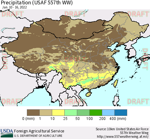 China, Mongolia and Taiwan Precipitation (USAF 557th WW) Thematic Map For 1/10/2022 - 1/16/2022