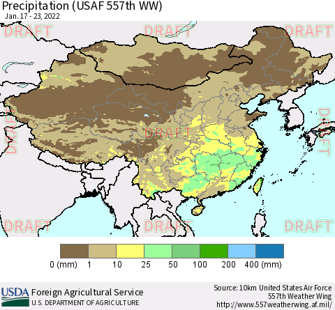 China, Mongolia and Taiwan Precipitation (USAF 557th WW) Thematic Map For 1/17/2022 - 1/23/2022