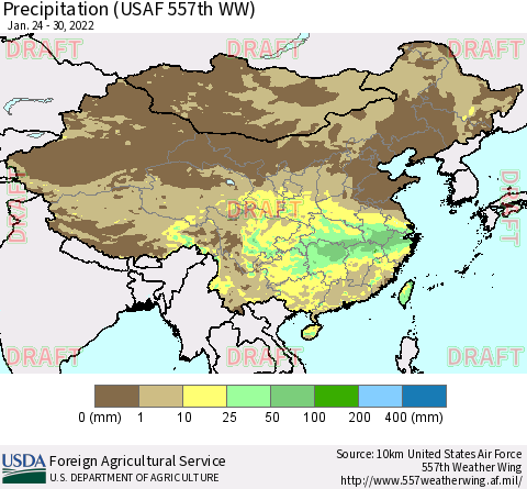 China, Mongolia and Taiwan Precipitation (USAF 557th WW) Thematic Map For 1/24/2022 - 1/30/2022