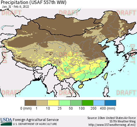 China, Mongolia and Taiwan Precipitation (USAF 557th WW) Thematic Map For 1/31/2022 - 2/6/2022