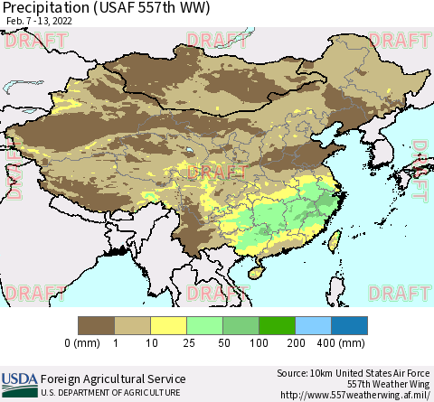 China, Mongolia and Taiwan Precipitation (USAF 557th WW) Thematic Map For 2/7/2022 - 2/13/2022