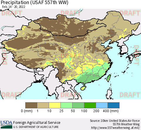 China, Mongolia and Taiwan Precipitation (USAF 557th WW) Thematic Map For 2/14/2022 - 2/20/2022