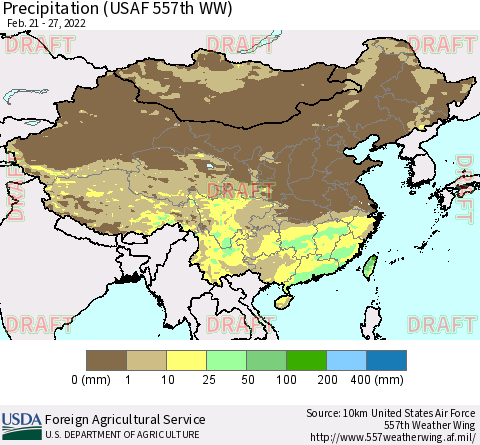 China, Mongolia and Taiwan Precipitation (USAF 557th WW) Thematic Map For 2/21/2022 - 2/27/2022