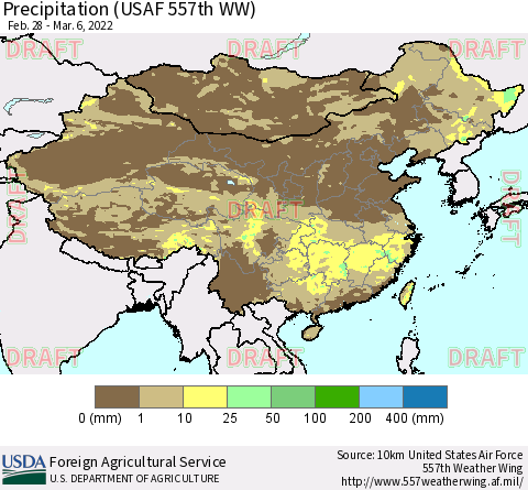 China, Mongolia and Taiwan Precipitation (USAF 557th WW) Thematic Map For 2/28/2022 - 3/6/2022