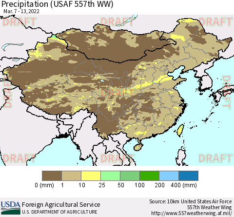 China, Mongolia and Taiwan Precipitation (USAF 557th WW) Thematic Map For 3/7/2022 - 3/13/2022