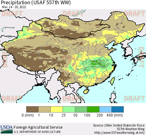 China, Mongolia and Taiwan Precipitation (USAF 557th WW) Thematic Map For 3/14/2022 - 3/20/2022