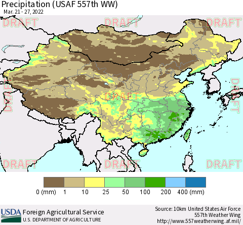 China, Mongolia and Taiwan Precipitation (USAF 557th WW) Thematic Map For 3/21/2022 - 3/27/2022