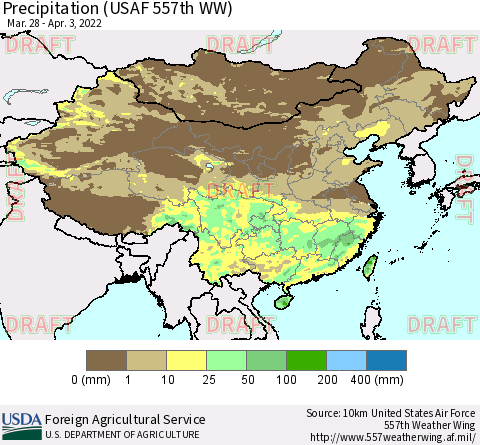 China, Mongolia and Taiwan Precipitation (USAF 557th WW) Thematic Map For 3/28/2022 - 4/3/2022