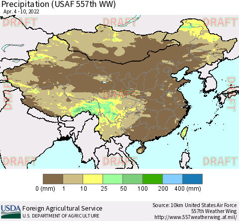 China, Mongolia and Taiwan Precipitation (USAF 557th WW) Thematic Map For 4/4/2022 - 4/10/2022