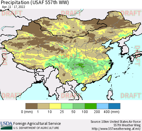 China, Mongolia and Taiwan Precipitation (USAF 557th WW) Thematic Map For 4/11/2022 - 4/17/2022